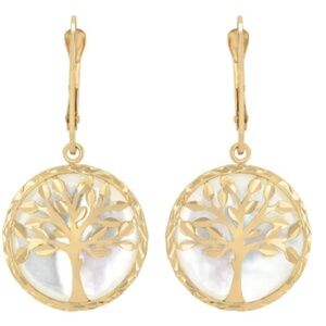 Solid 14K YG Celtic Mother of Pearl Tree of Life Lever-back Dangle Earrings